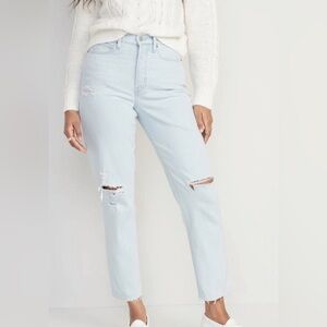 Old Navy Curvy Extra High Waisted Light Wash Sky-Hi Straight Ripped Jeans Size 2